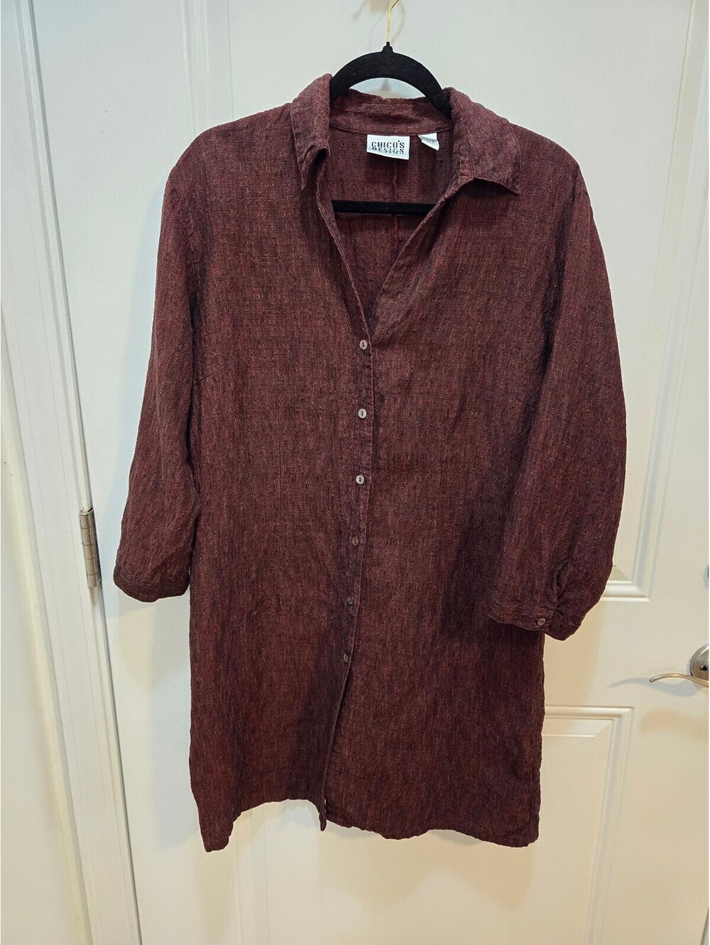 Chico's Design 100% Linen Button Up Tunic Dress Maroon Red Size 2 L XL